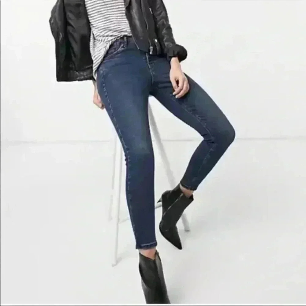 Topshop Moto Leigh Skinny Jeans Ankle Cropped Mid Rise Raw Hem Dark Wash Blue 26